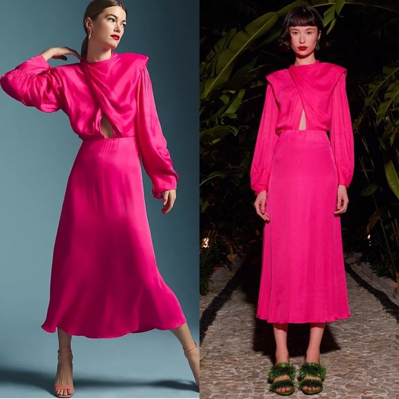 NEW FARM RIO 70s Fuchsia Satin Puff Long Sleeve Draped Cutout High Neck Dress XS - Picture 1 of 13